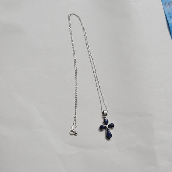 Sterling Silver Lapis Lazuli Cross Pendant Necklace 20" - Picture 4 of 6